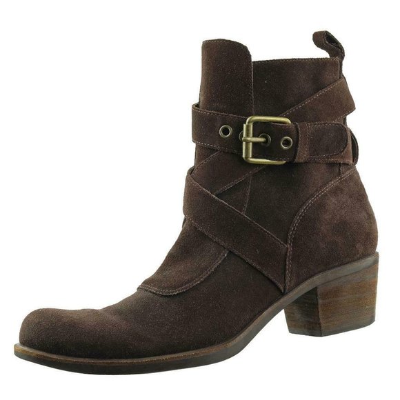 COLE HAAN G SERIES Ankle Boots Dark Brown Suede Sz. 9 B Buckled Chunky Heel - Picture 2 of 7